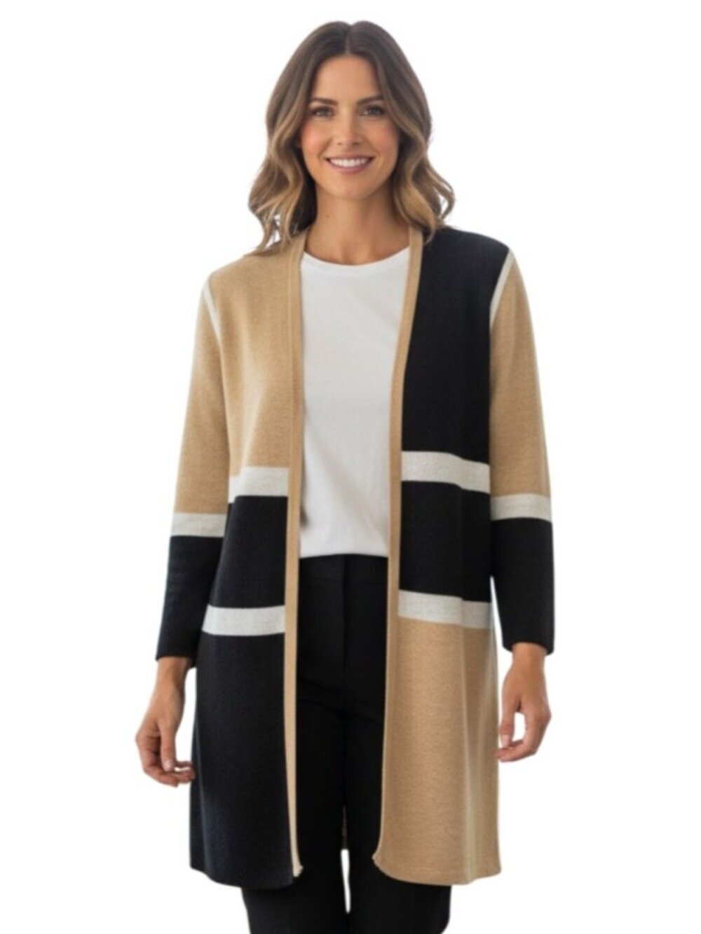 Chicos Color Block Three-Quarter Sleeve Cardigan~Size 1 (M/8)~Tan Black  L16 07